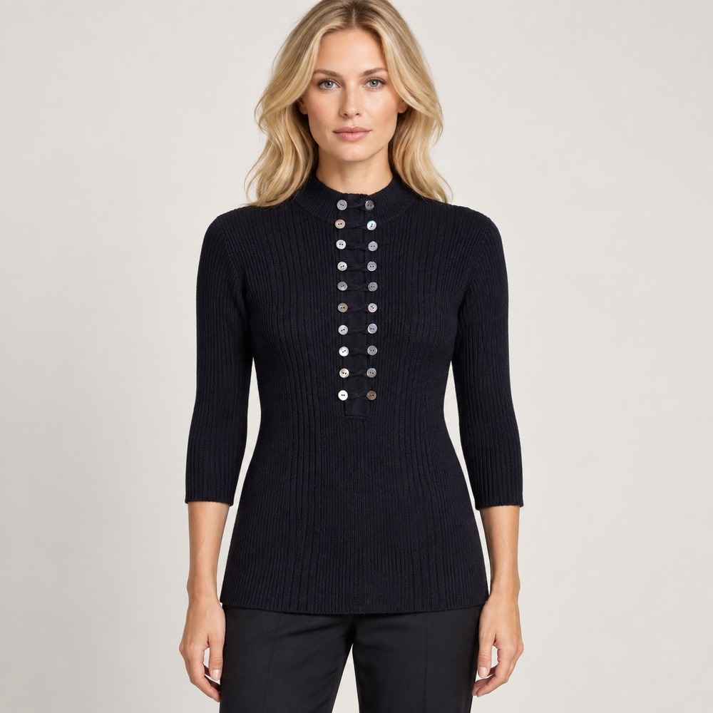 MAYLE La Feminine Black Wool Silk Ribbed Mock Neck Top Mother of Pearl Buttons M